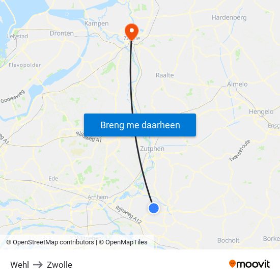 Wehl to Zwolle map