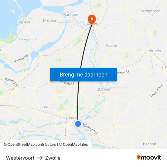 Westervoort to Zwolle map