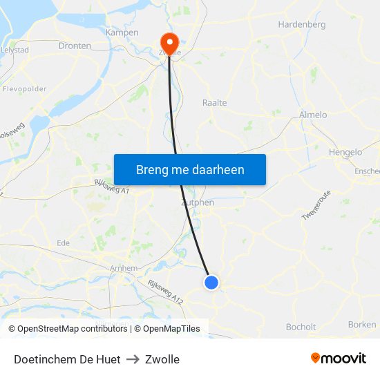 Doetinchem De Huet to Zwolle map