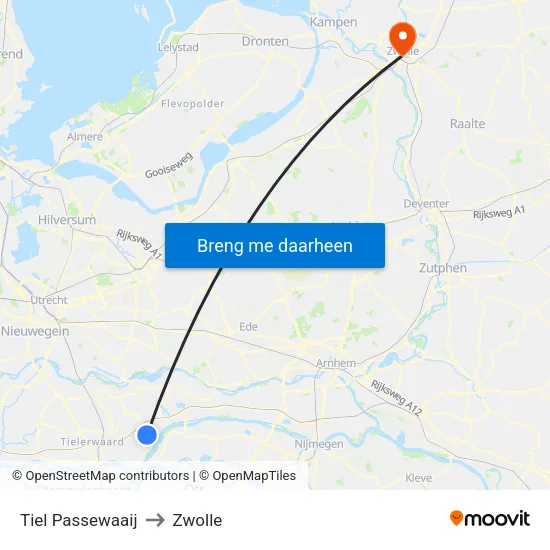 Tiel Passewaaij to Zwolle map