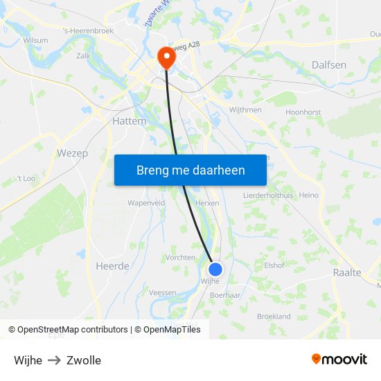 Wijhe to Zwolle map