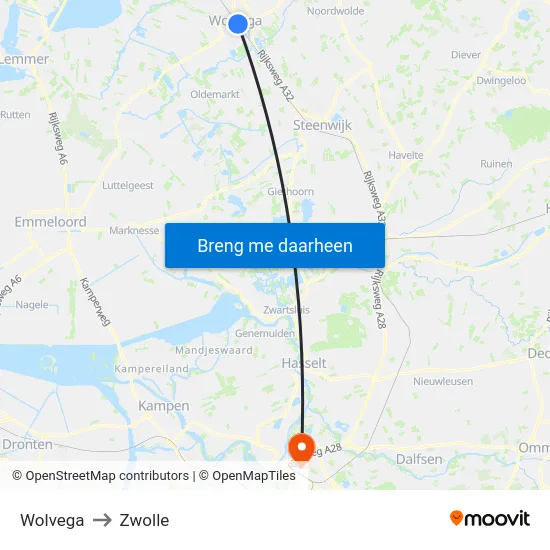 Wolvega to Zwolle map