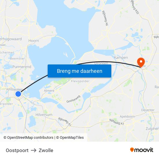 Oostpoort to Zwolle map