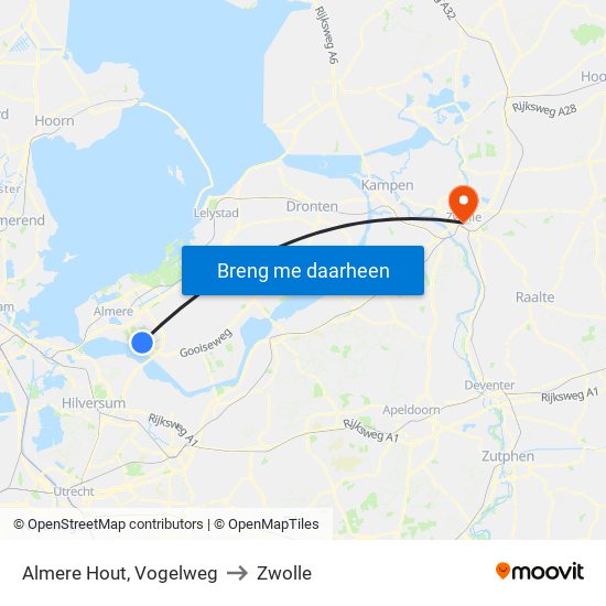 Almere Hout, Vogelweg to Zwolle map