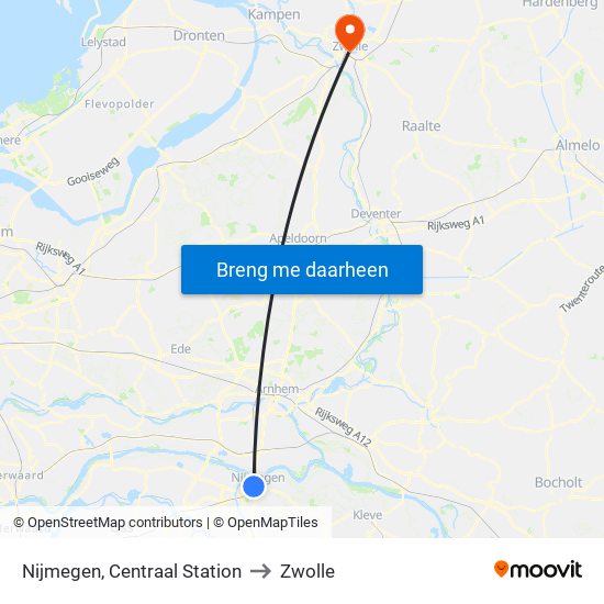 Nijmegen, Centraal Station to Zwolle map