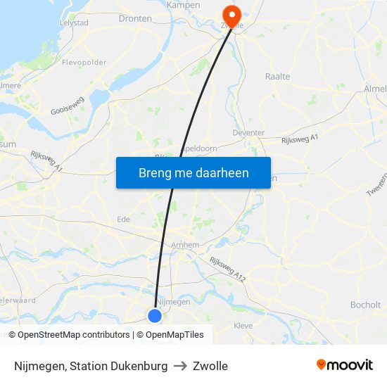 Nijmegen, Station Dukenburg to Zwolle map