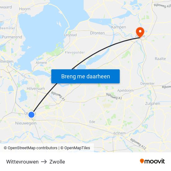 Wittevrouwen to Zwolle map