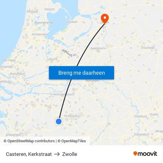 Casteren, Kerkstraat to Zwolle map