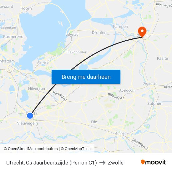Utrecht, Cs Jaarbeurszijde (Perron C1) to Zwolle map