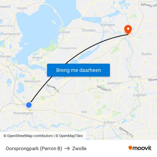 Oorsprongpark (Perron B) to Zwolle map