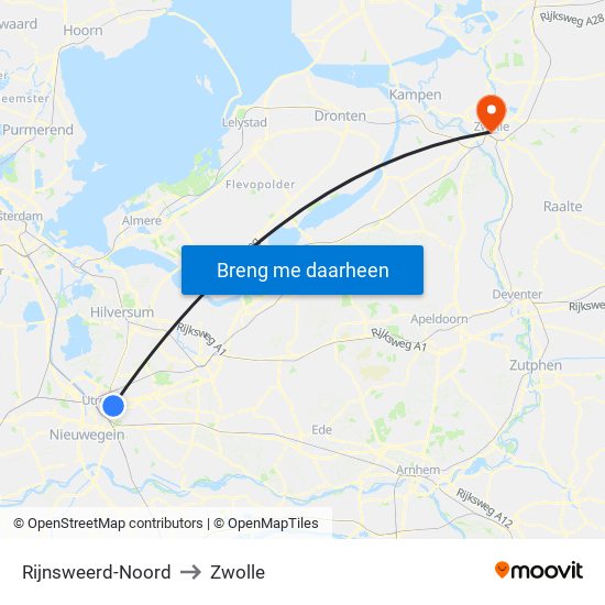 Rijnsweerd-Noord to Zwolle map