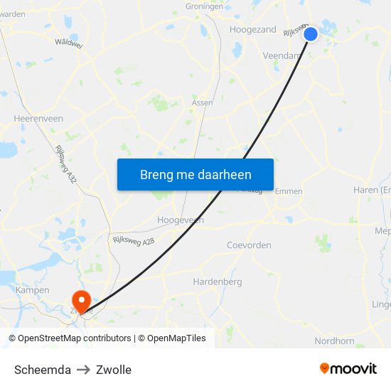 Scheemda to Zwolle map