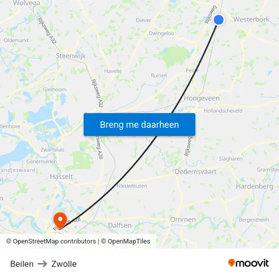 Beilen to Zwolle map