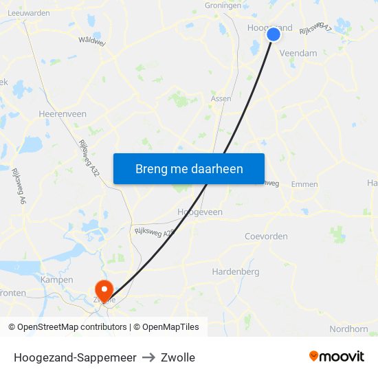 Hoogezand-Sappemeer to Zwolle map