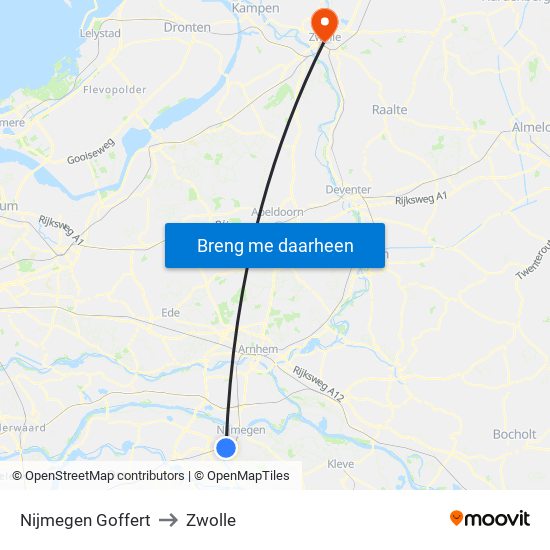 Nijmegen Goffert to Zwolle map