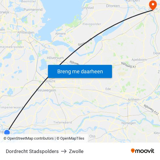 Dordrecht Stadspolders to Zwolle map