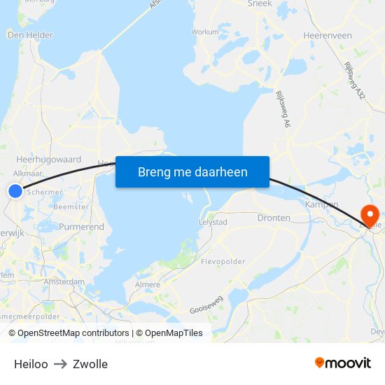 Heiloo to Zwolle map