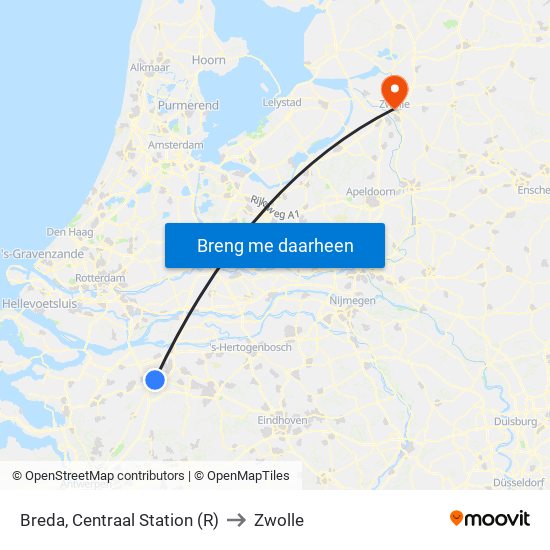 Breda, Centraal Station (R) to Zwolle map