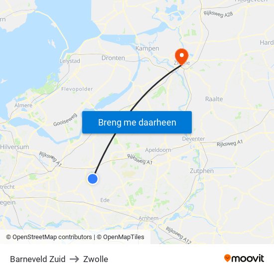 Barneveld Zuid to Zwolle map