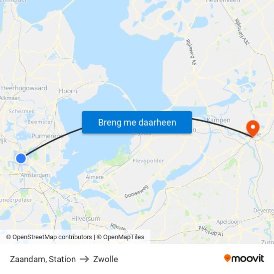 Zaandam, Station to Zwolle map