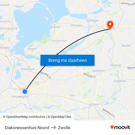 Diakonessenhuis-Noord to Zwolle map