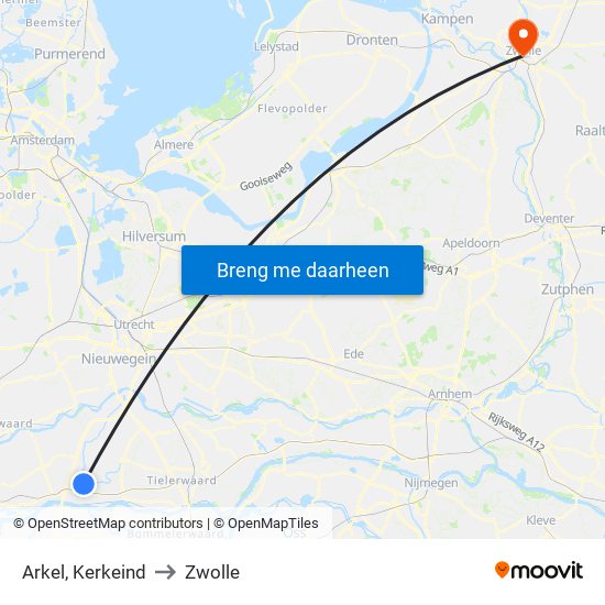 Arkel, Kerkeind to Zwolle map