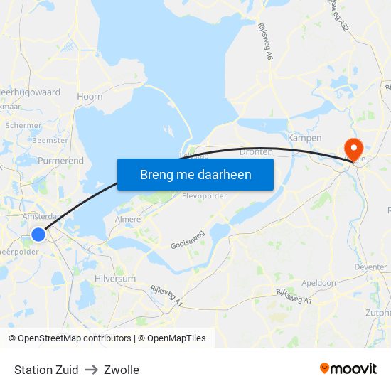 Station Zuid to Zwolle map