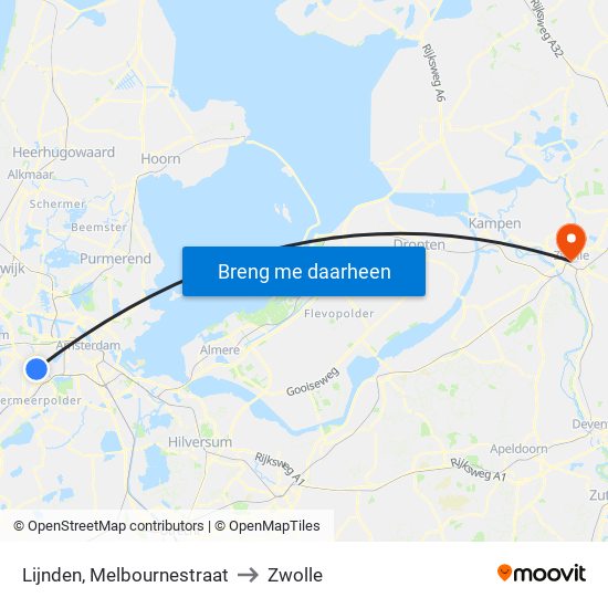 Lijnden, Melbournestraat to Zwolle map