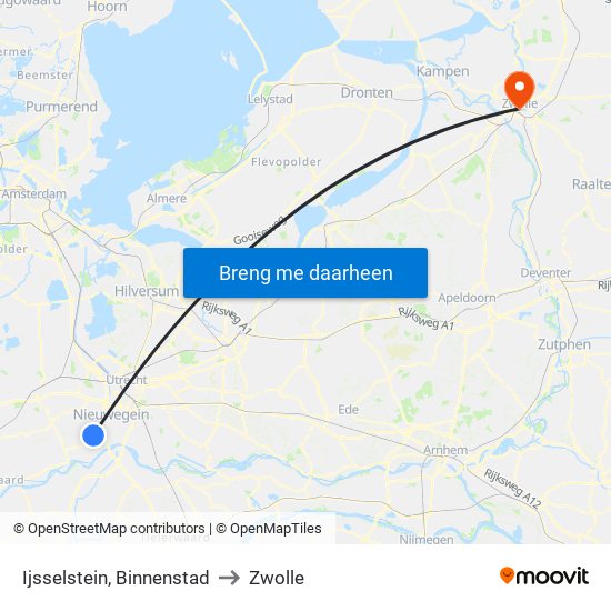 Ijsselstein, Binnenstad to Zwolle map