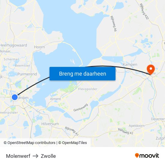 Molenwerf to Zwolle map