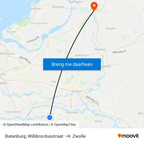 Batenburg, Willibrordusstraat to Zwolle map
