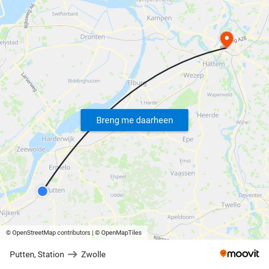 Putten, Station to Zwolle map