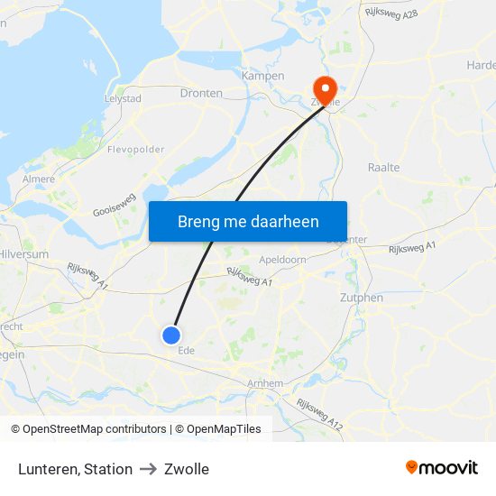 Lunteren, Station to Zwolle map