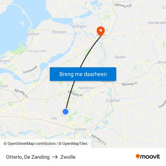 Otterlo, De Zanding to Zwolle map