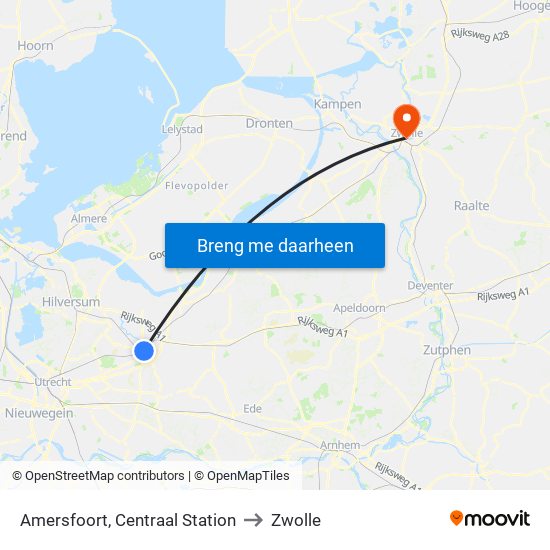 Amersfoort, Centraal Station to Zwolle map