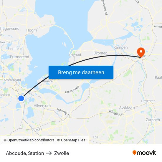 Abcoude, Station to Zwolle map