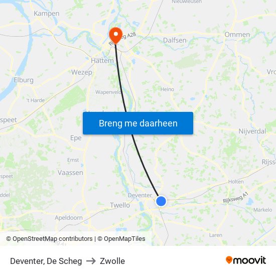 Deventer, De Scheg to Zwolle map