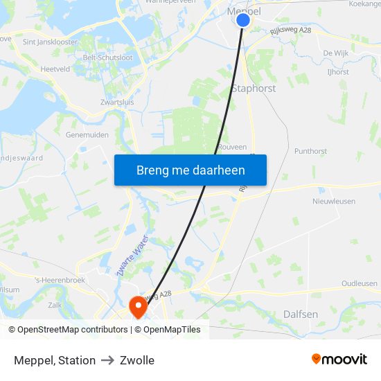 Meppel, Station to Zwolle map