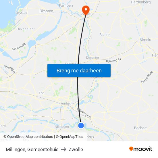 Millingen, Gemeentehuis to Zwolle map