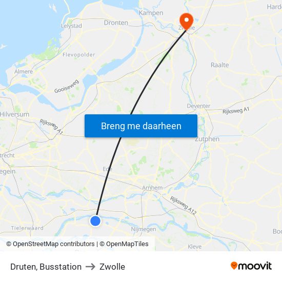 Druten, Busstation to Zwolle map