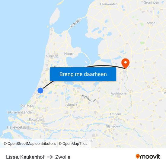 Lisse, Keukenhof to Zwolle map