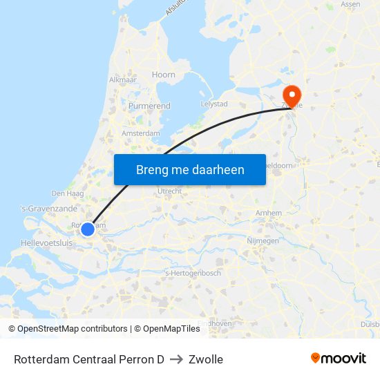 Rotterdam Centraal Perron D to Zwolle map