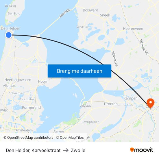 Den Helder, Karveelstraat to Zwolle map