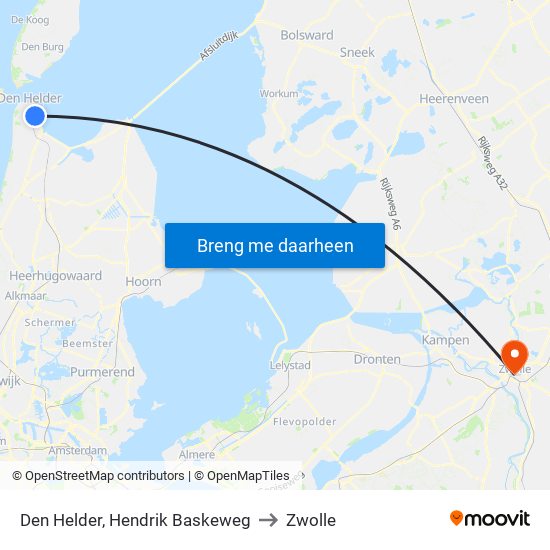 Den Helder, Hendrik Baskeweg to Zwolle map