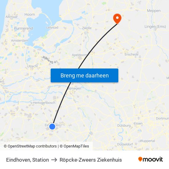 Eindhoven, Station to Röpcke-Zweers Ziekenhuis map