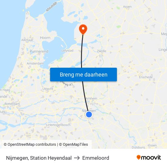 Nijmegen, Station Heyendaal to Emmeloord map