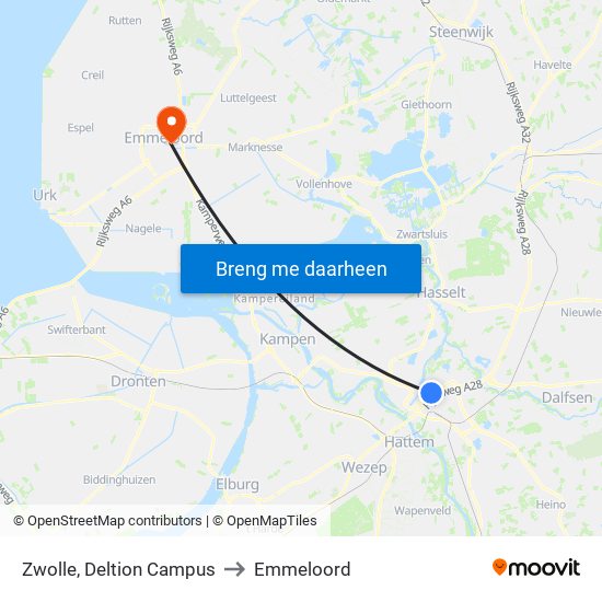 Zwolle, Deltion Campus to Emmeloord map