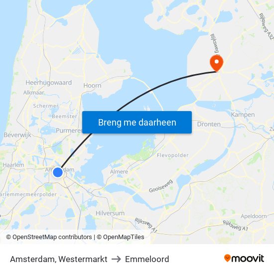 Amsterdam, Westermarkt to Emmeloord map