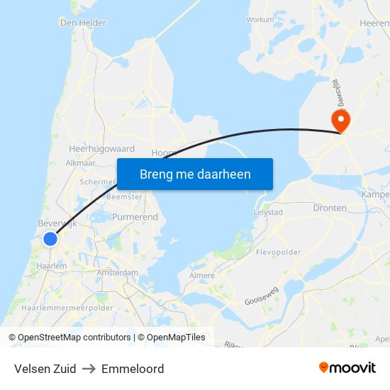 Velsen Zuid to Emmeloord map