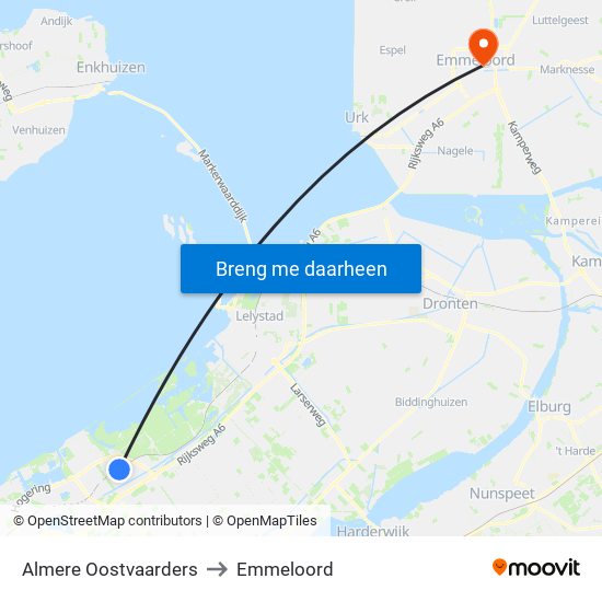 Almere Oostvaarders to Emmeloord map